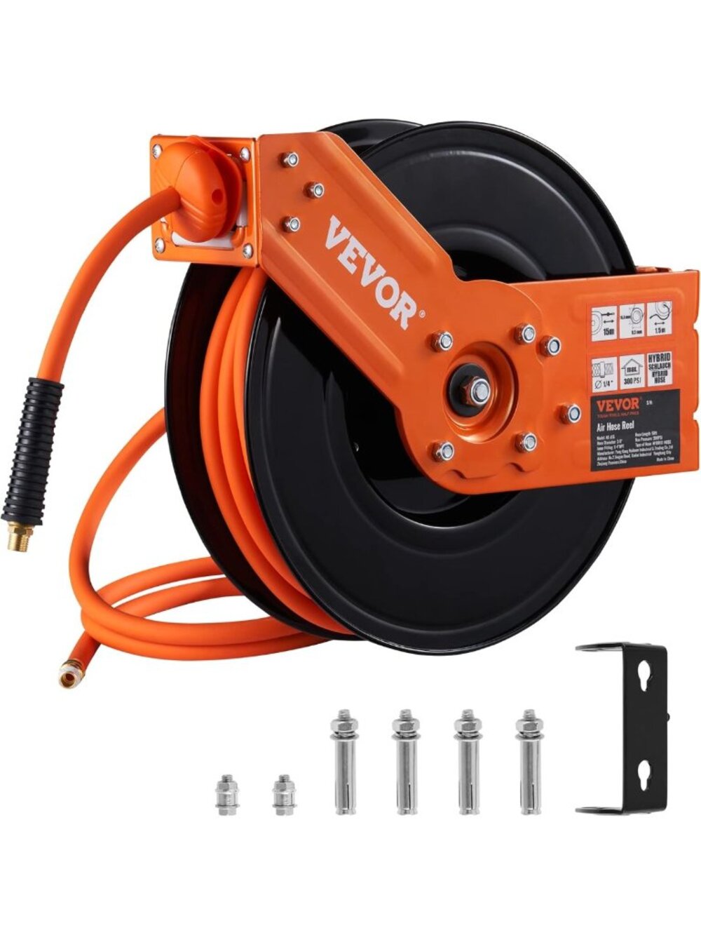 Retractable Air Hose Reel 3/8" x 50 FT Hybrid Hose - Max 300 PSI, Durable